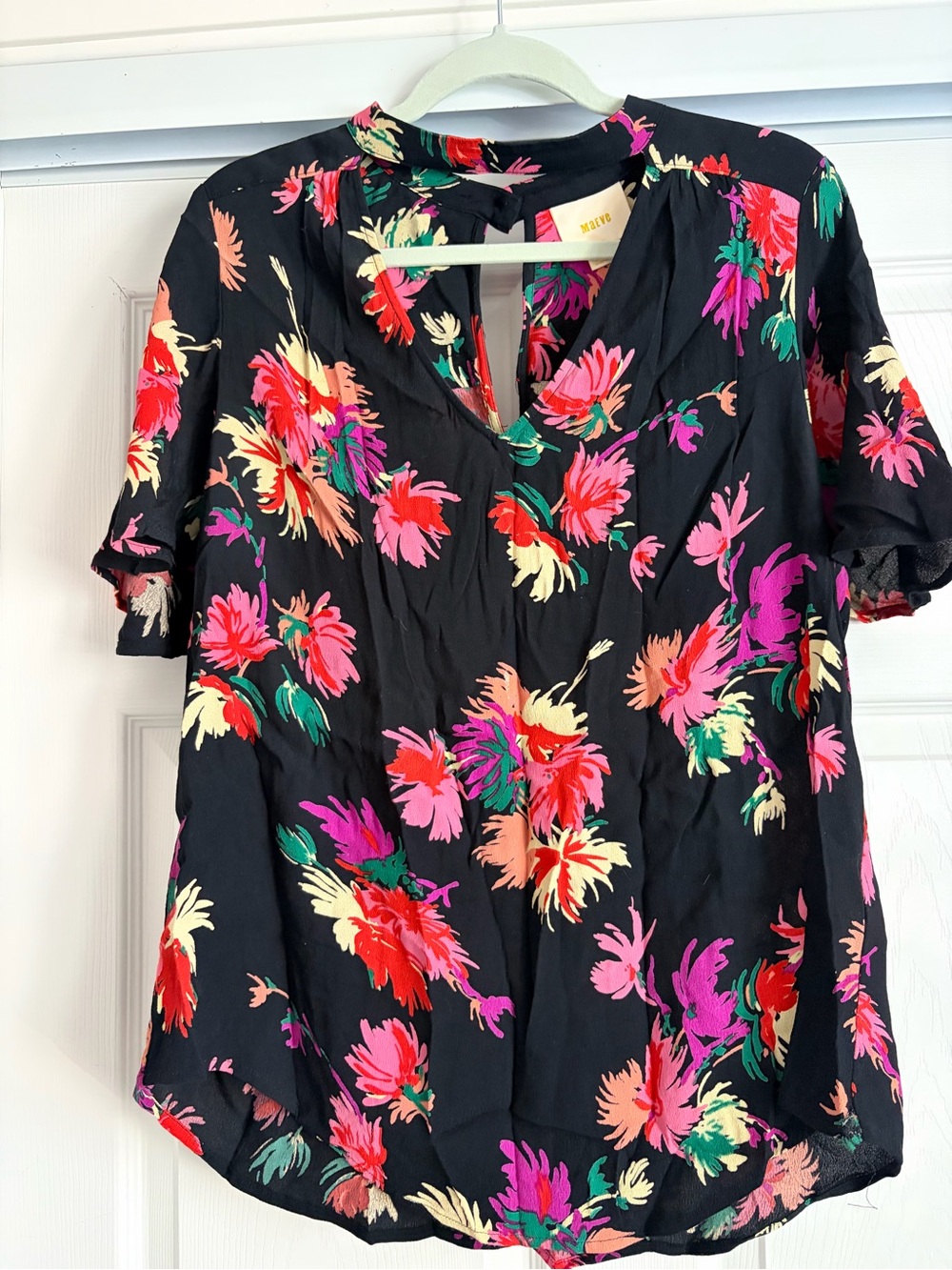 Maeve Black Floral Keyhole Blouse with Pink, Red & Cream Accents